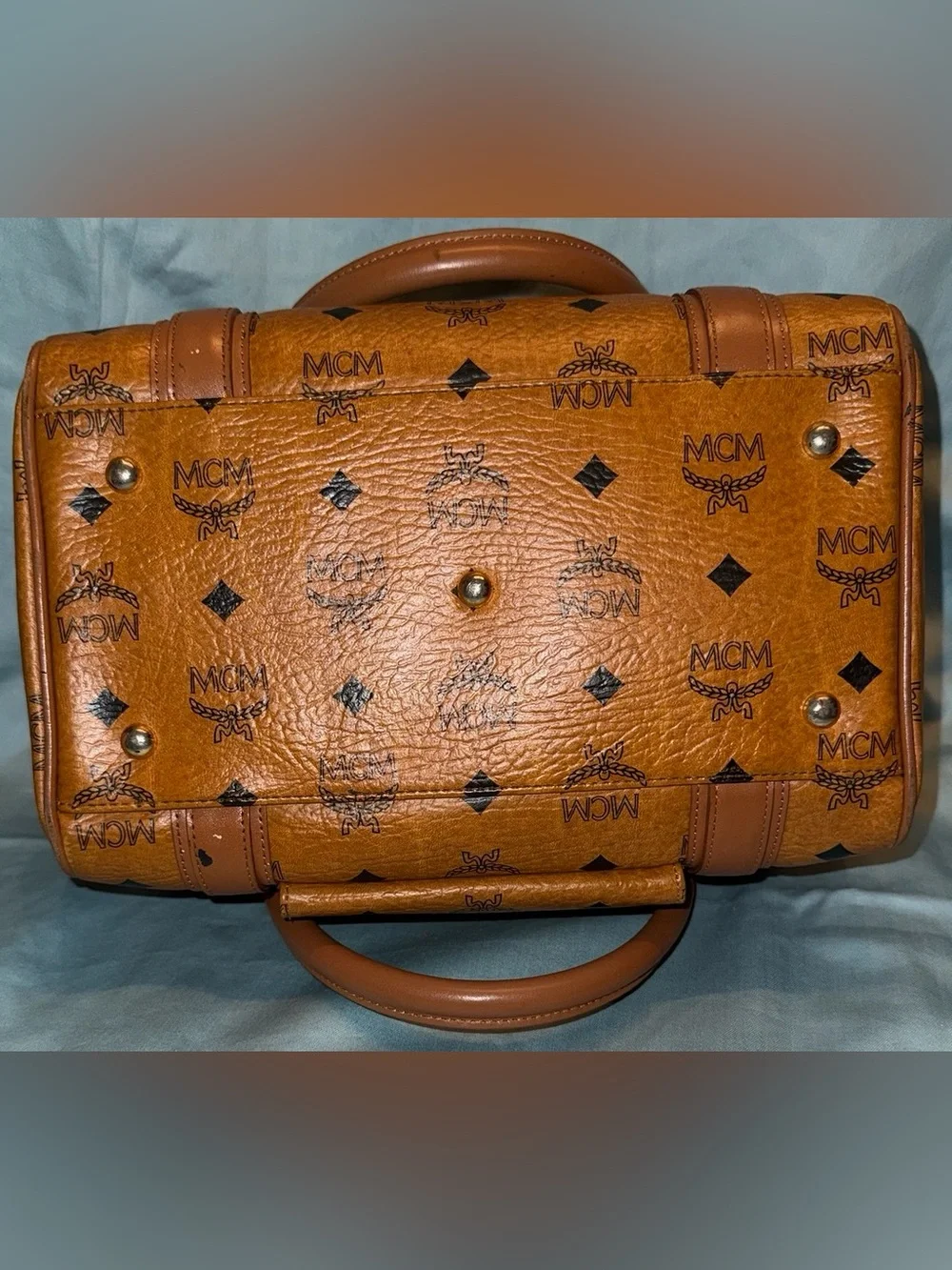 MCM Authentic Cognac Logo Visetos Boston Satchel with Gold Hardware